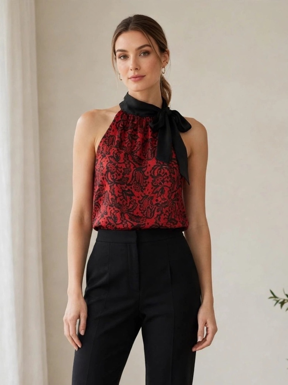 Jacob Red Black Floral Top XS Sleeveless Tie Neck Satin Blouse Y2K
